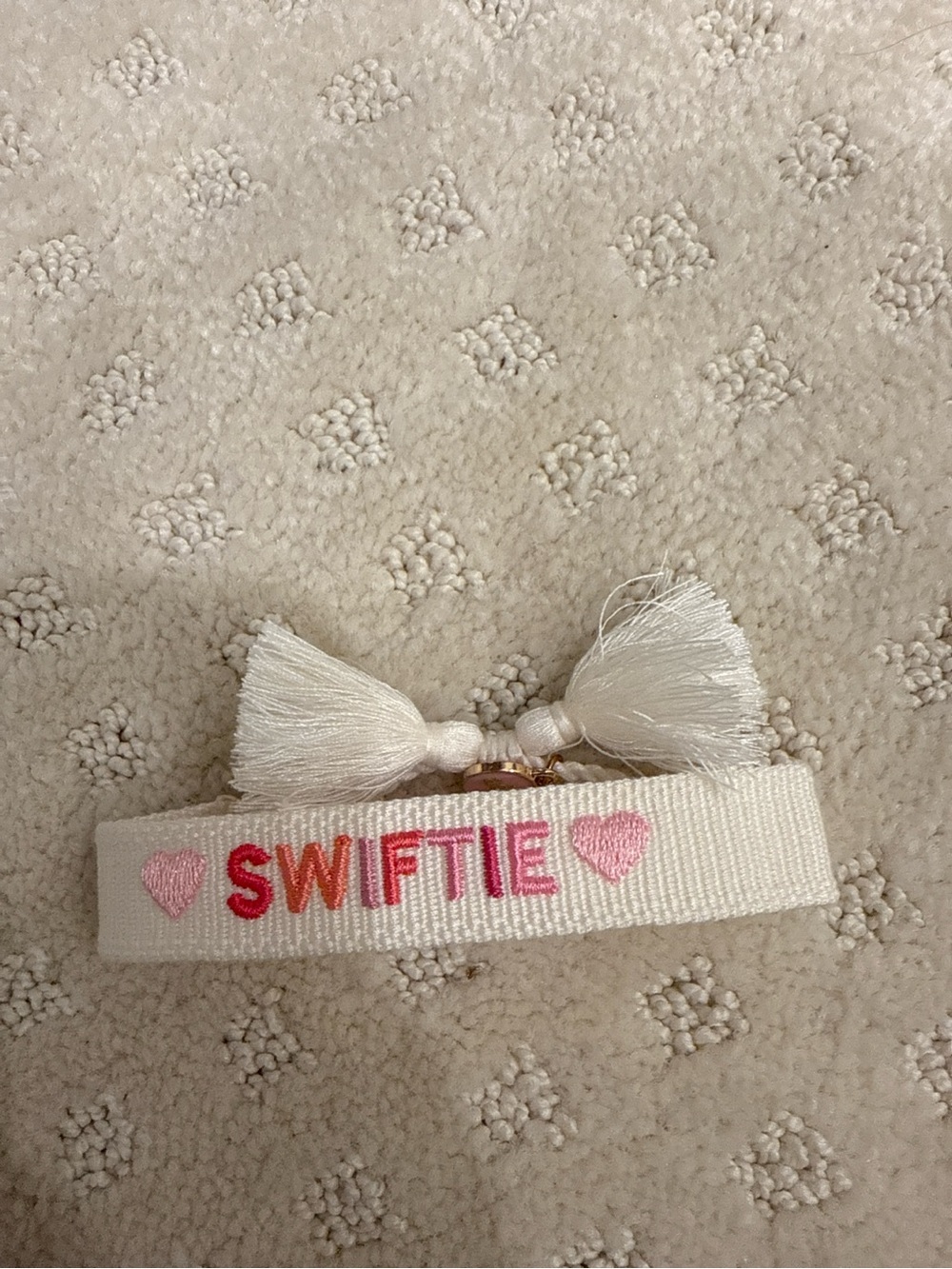 Ashleigh Design Co Swiftie Embroidered Tassel Bracelet Pink White